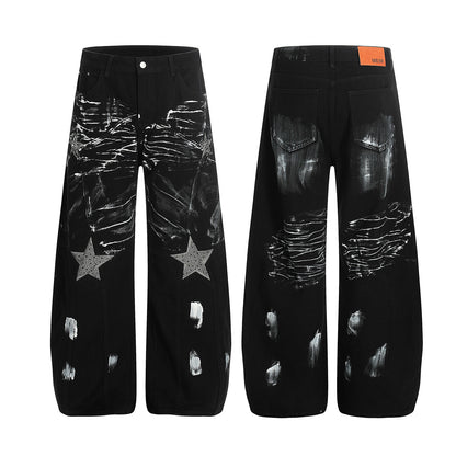 Curved Star Rhinestone Washed Wide Leg Denim Jeans WN25634