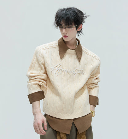 Fake Layered Pearl Embellished Thick Knit Sweater WN21721