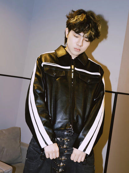Stripe Embossed PU Leather Jacket WN26663