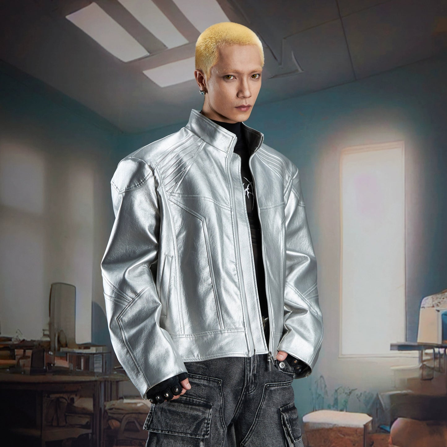 Splicing Stand Neck Zipper PU Leather Jacket WN21339