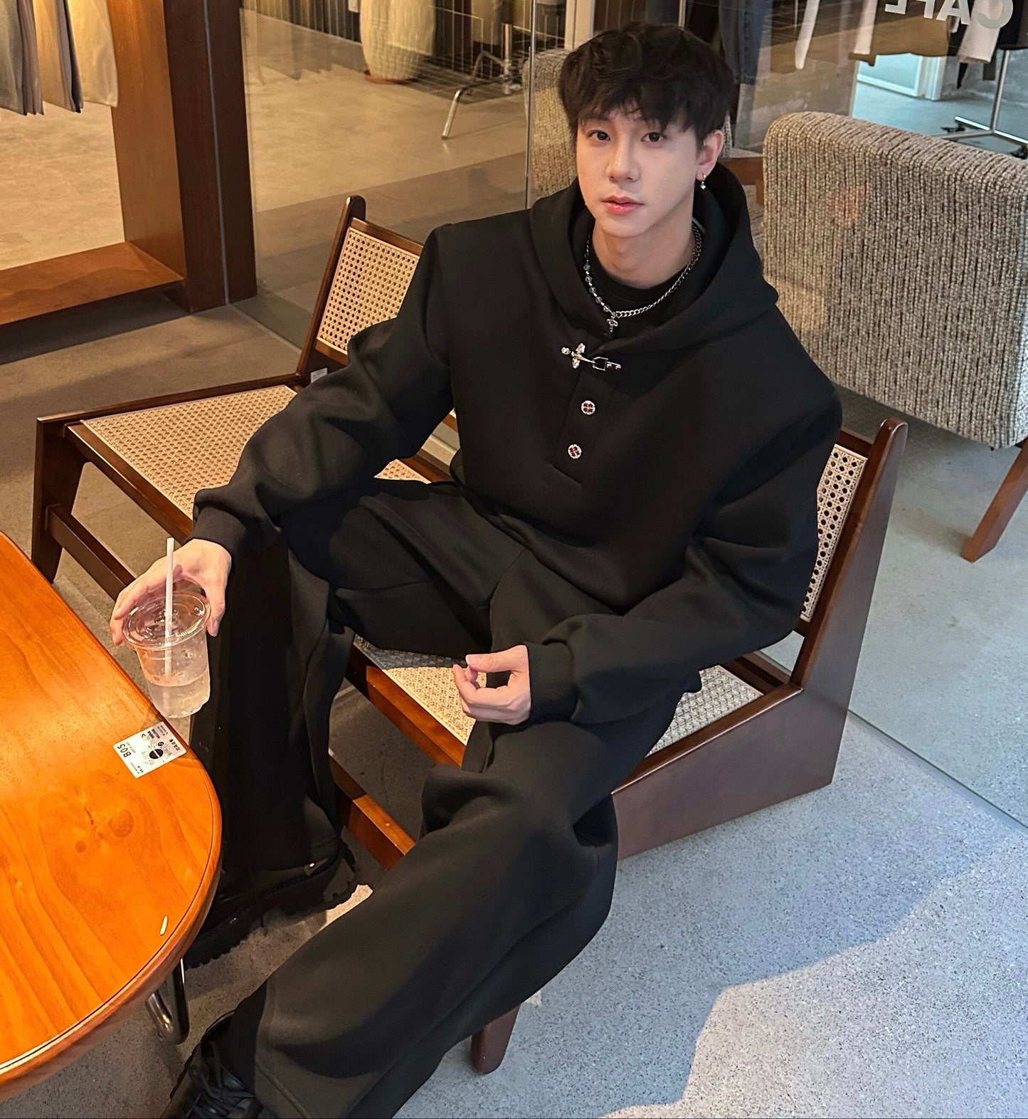 Henley Design Hoodie & Wide Leg Sweatpants Setup WN25376