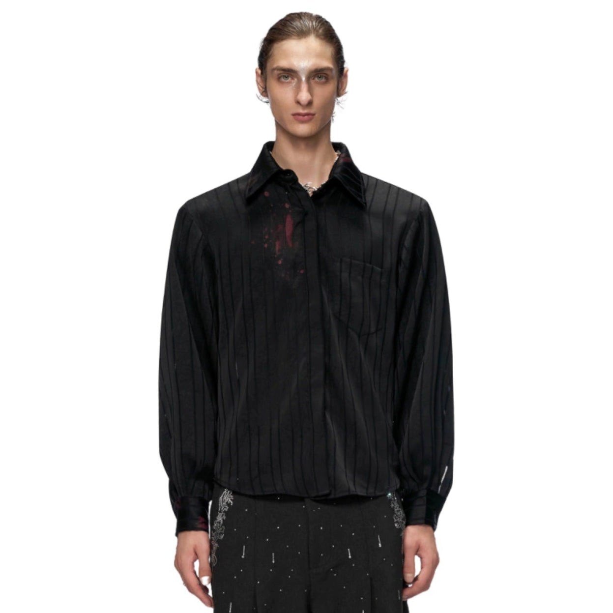 Stripe Satin Lipstick Print Long Sleeve Shirt WN20666