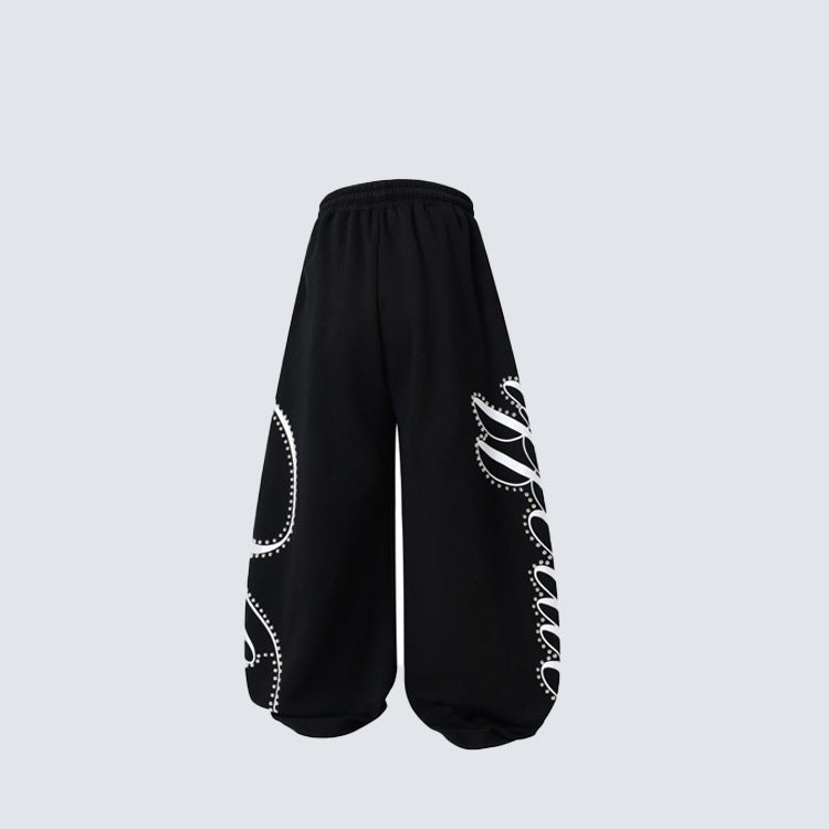 Metal Stud Graffiti Letter Print Curved Wide Leg Sweatpants WN27905