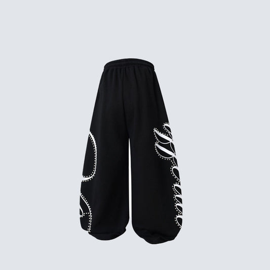 Metal Stud Graffiti Letter Print Curved Wide Leg Sweatpants WN27905