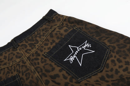 Leopard Print Curved Wide Leg Denim Jeans WN25679