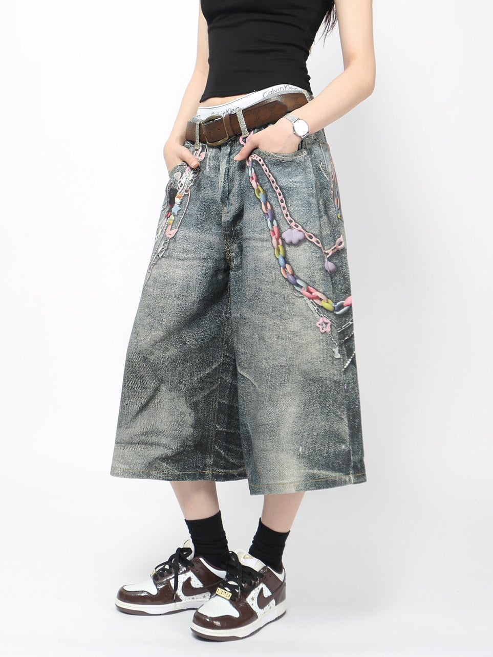 3D Print Washed Wide Leg Half Denim Jeans WN24431