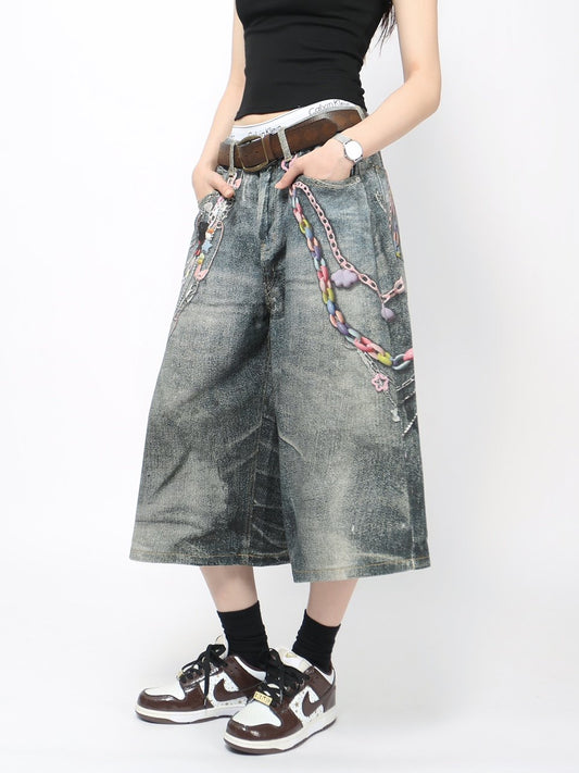3D Print Washed Wide Leg Half Denim Jeans WN24431