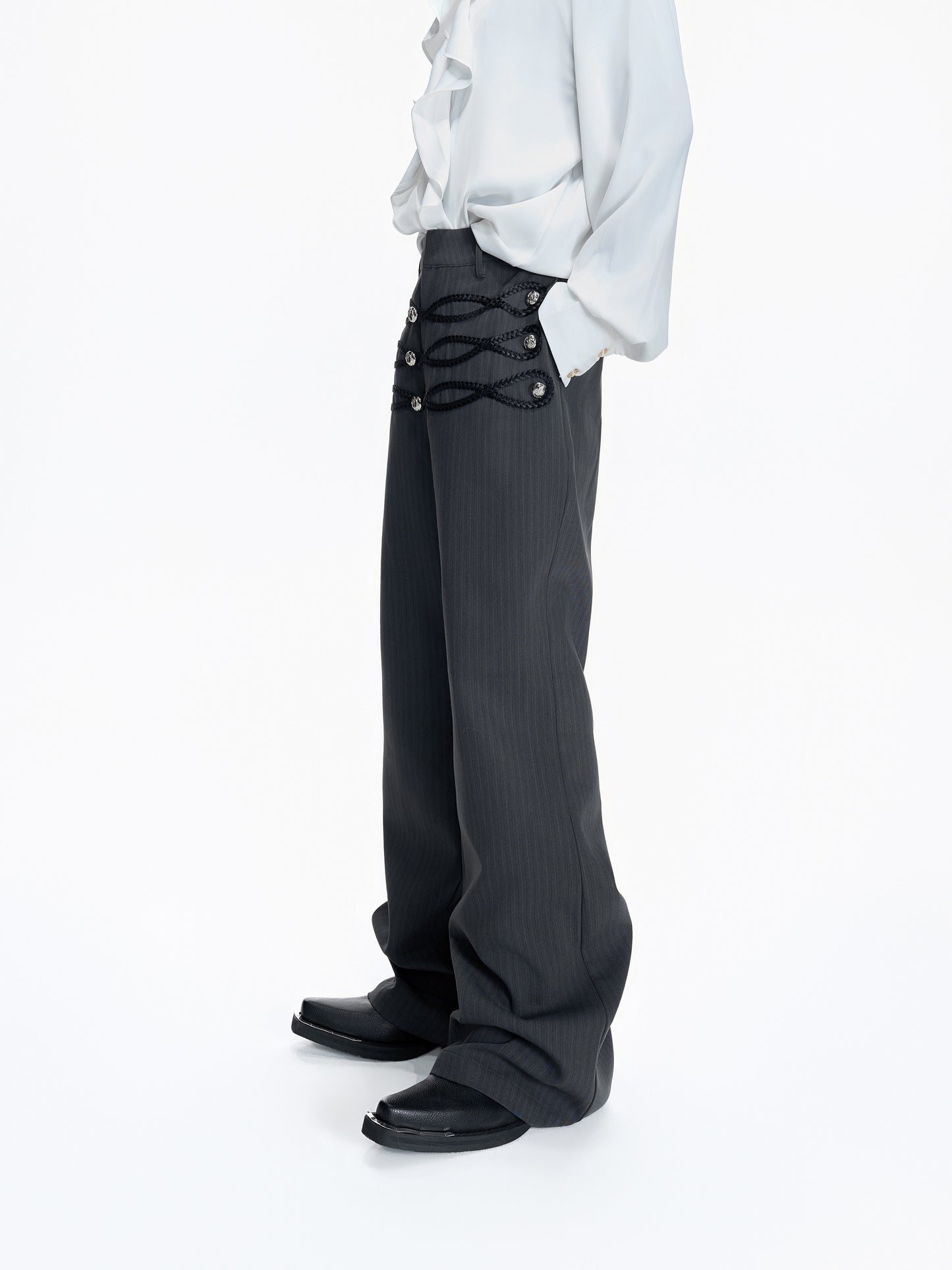 Leather Weave Metal Button Stripe Flare Trousers WN23556