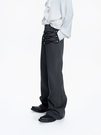 Leather Weave Metal Button Stripe Flare Trousers WN23556