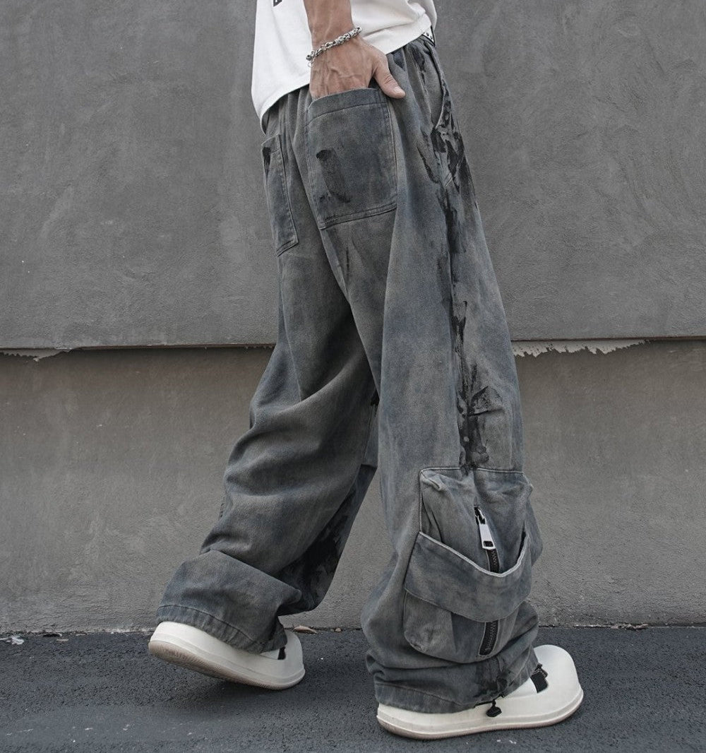 Tie-Dye Multi-Pocket Wide Leg Denim Jeans WN27857