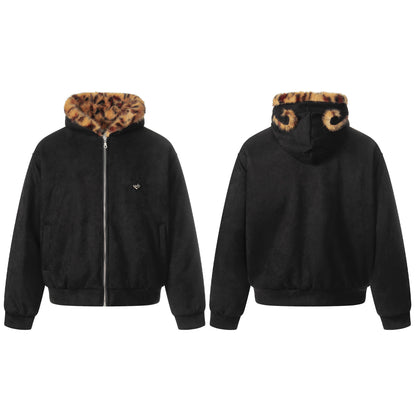 Leopard Fake Fur Hooded Zipper Jacket WN21867