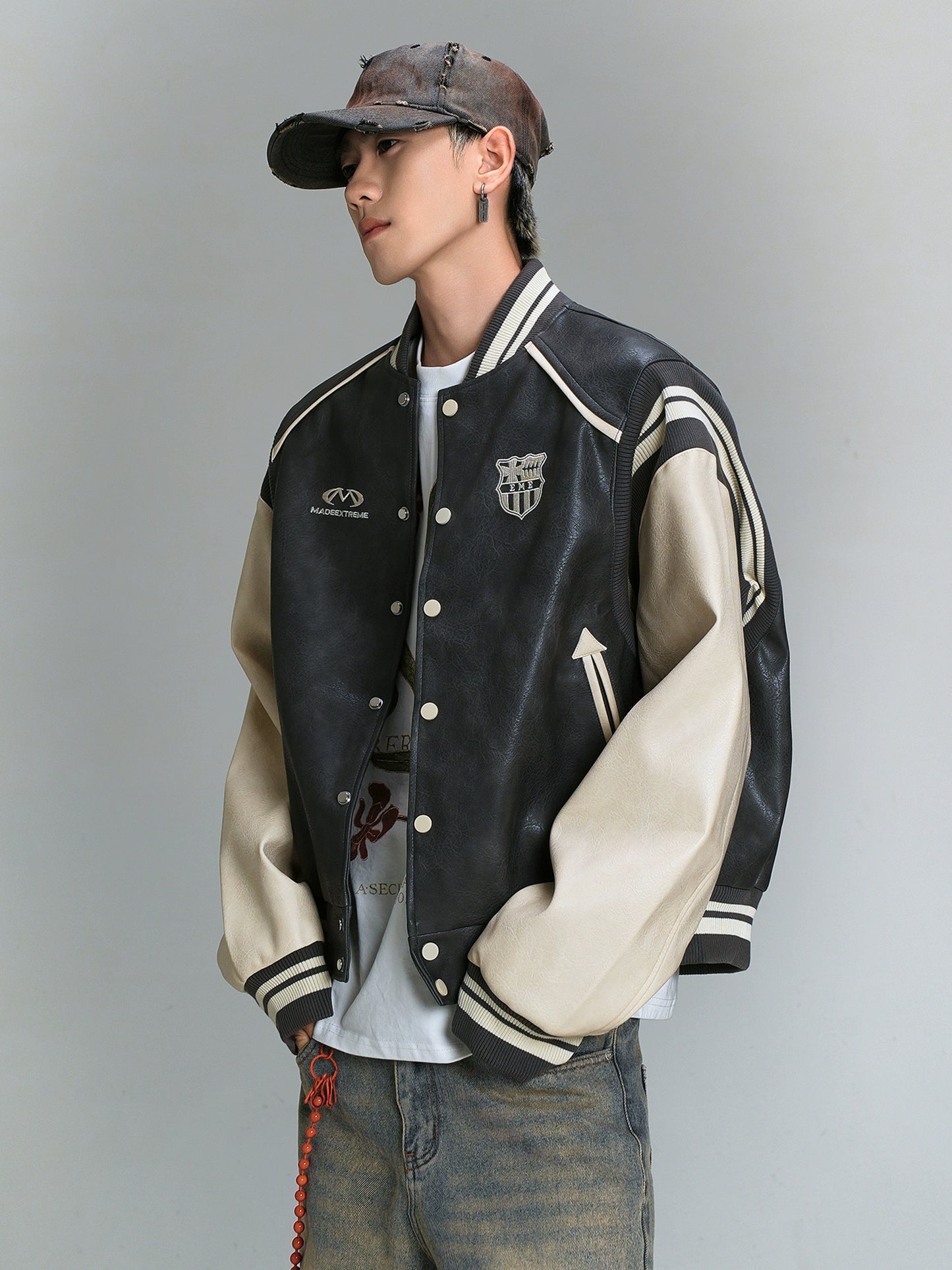 Oversize PU Leather Baseball Jacket WN8453