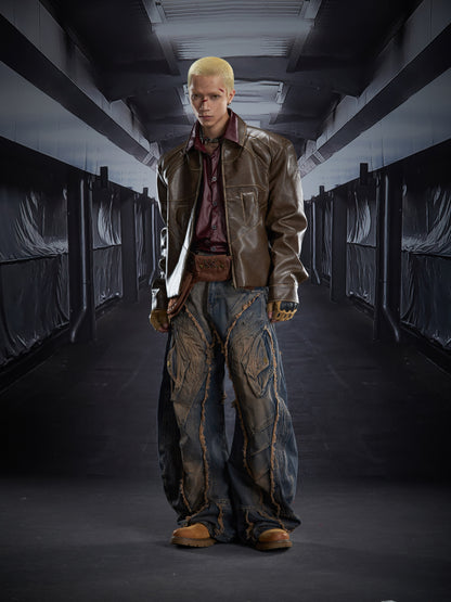 Washed Damage Short PU Leather Jacket WN22788