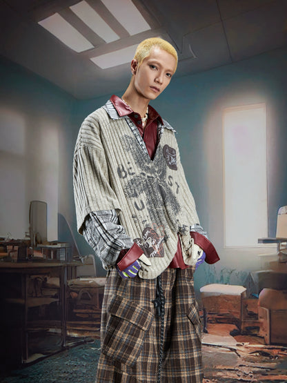 Fake Layered V-Neck Patchwork Long Sleeve T-Shirt WN21358