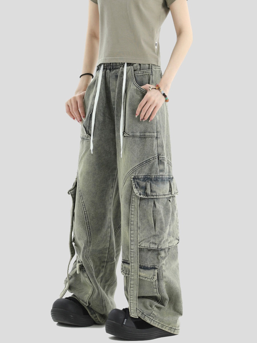 Multi Pocket Washed Wide-Leg Straight Cargo Denim Jeans WN7217