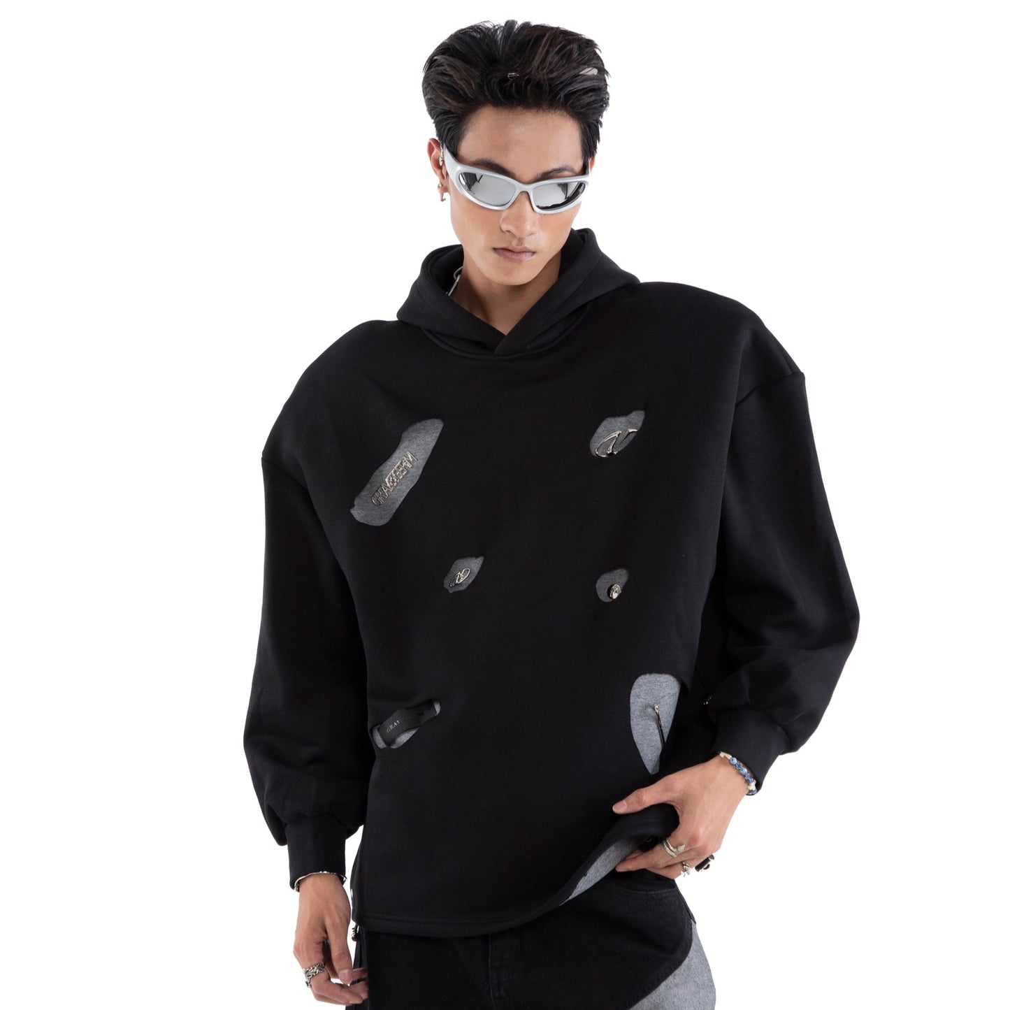 Asymmetrical Rivet Damage Zipper Hoodie WN20650