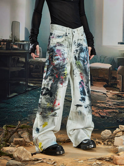Rock Graffiti 3D Print Wide Leg Denim Jeans WN20556
