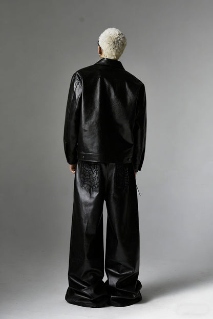 PU Leather Embroidery Wide Leg Pants WN23060