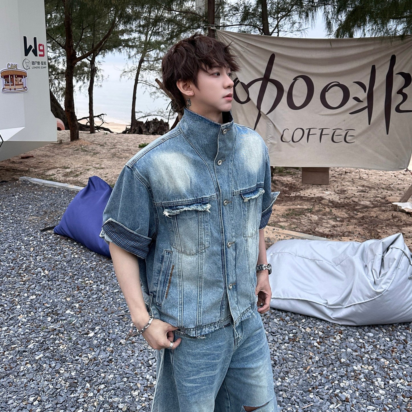 Fade Damage Short Denim Jacket & Damage Wide Leg Denim Jeans Setup WN25335