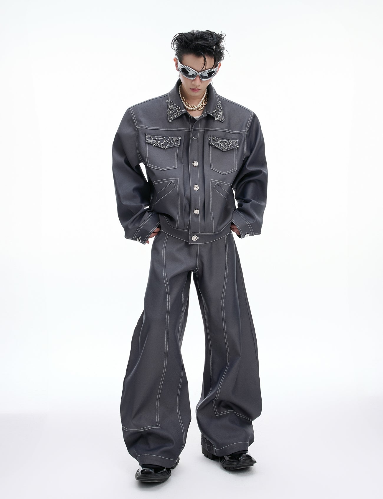 Pin Design Short Jacket & Pants Setup WN20680