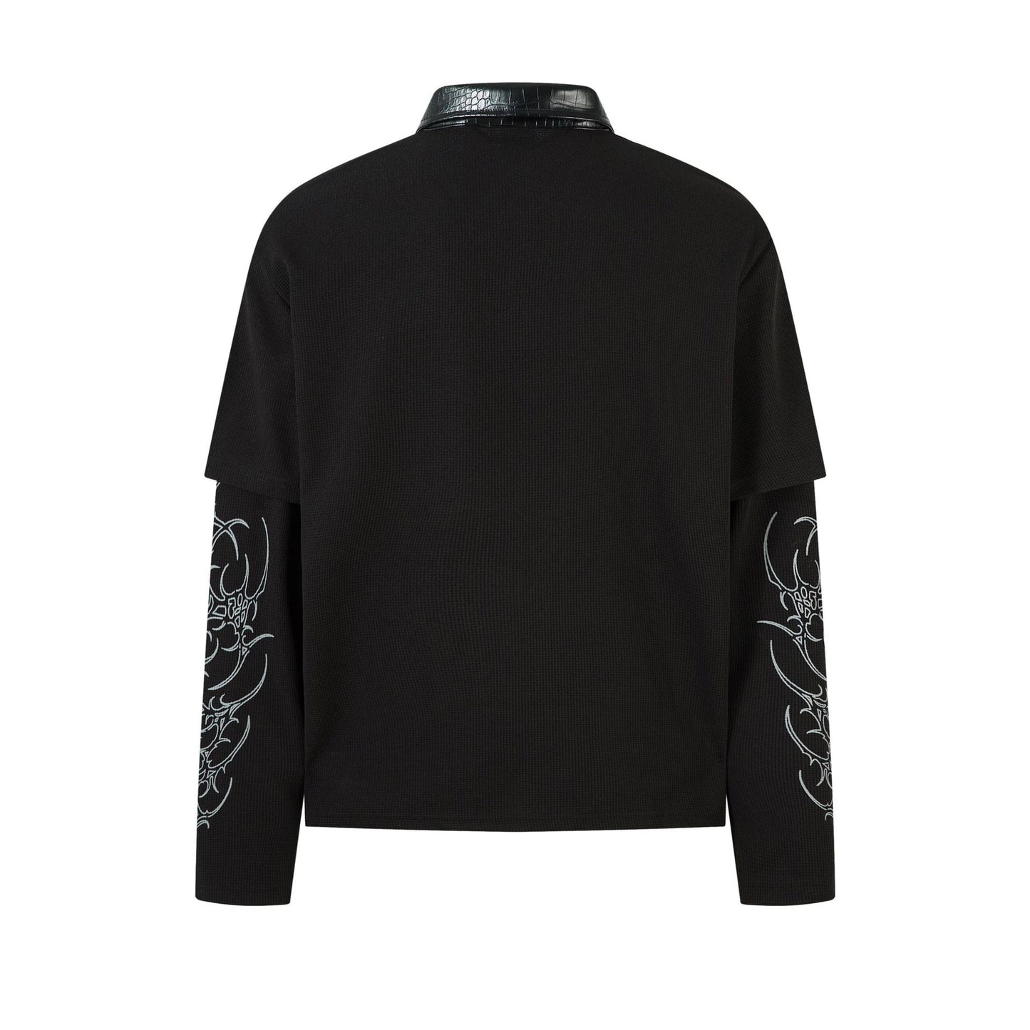 PU Leather Collar Thorn Print Fake Layered Long Sleeve Polo Shirt WN25550