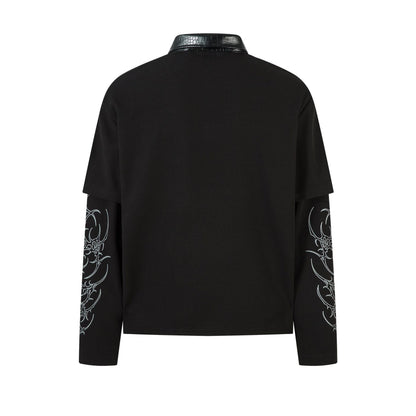 PU Leather Collar Thorn Print Fake Layered Long Sleeve Polo Shirt WN25550
