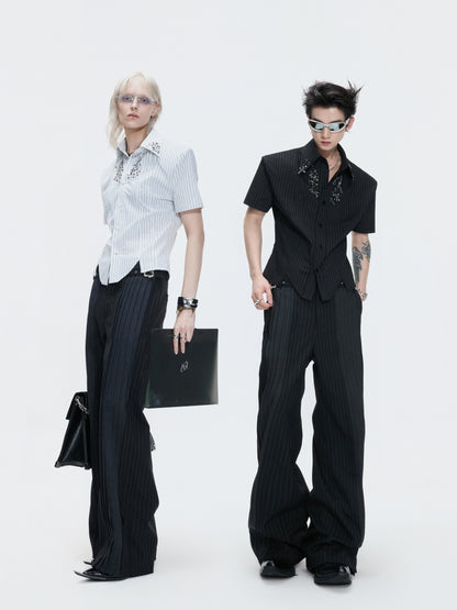 Decorative Buckle Stripe Patchwork Wide Leg Trousers WN27003