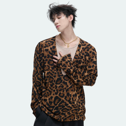 Leopard Print Deep V-Neck Fake Layered Stretch Long Sleeve T-Shirt WN27043