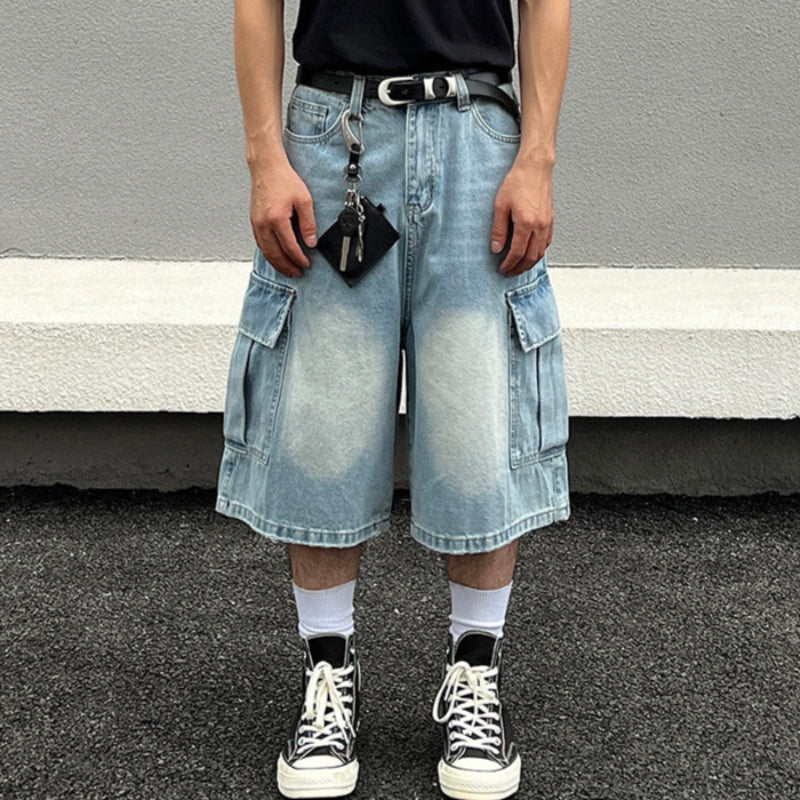 Washed Light Blue Multi-Pocket Wide Leg Denim Half Pants WN19555