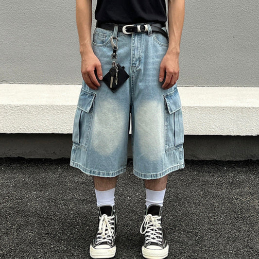 Washed Light Blue Multi-Pocket Wide Leg Denim Half Pants WN19555