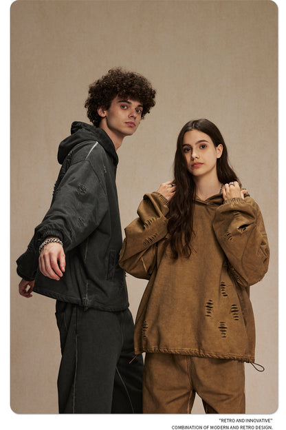 Oversize Drawstring Damage Hoodie WN9974