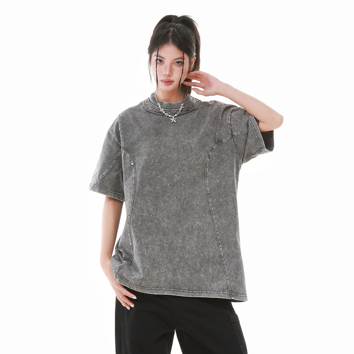 Heavy Washed Fade Stitching Short Sleeve T-Shirt WN25671
