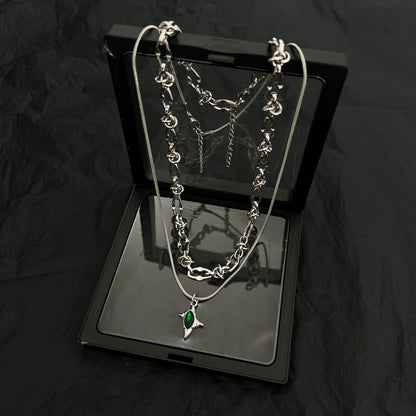 Double Layer Green Meteor Thorn Titanium Steel Necklace WN19260