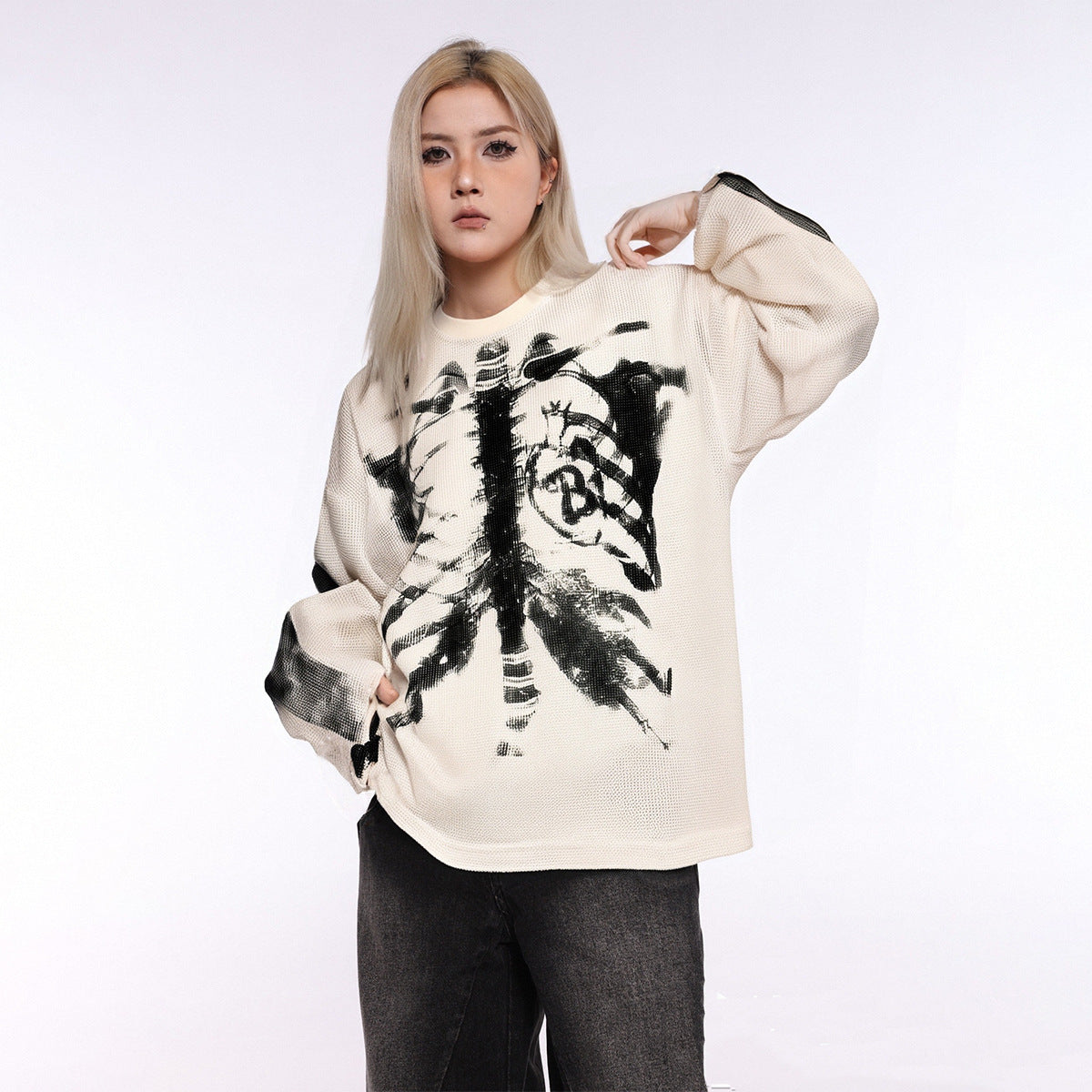 Skeleton Print Waffle Long Sleeve T-Shirt WN25476