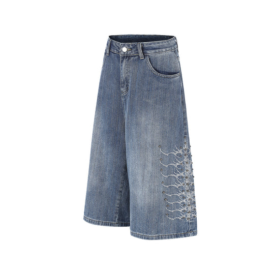 Embroidery Bead Wide Leg Short Denim Pants WN25628