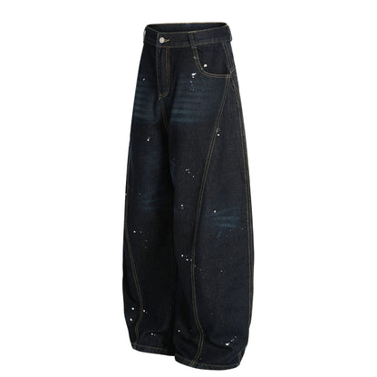 Ink Print Washed Wide Leg Curved Denim Jeans WN23030