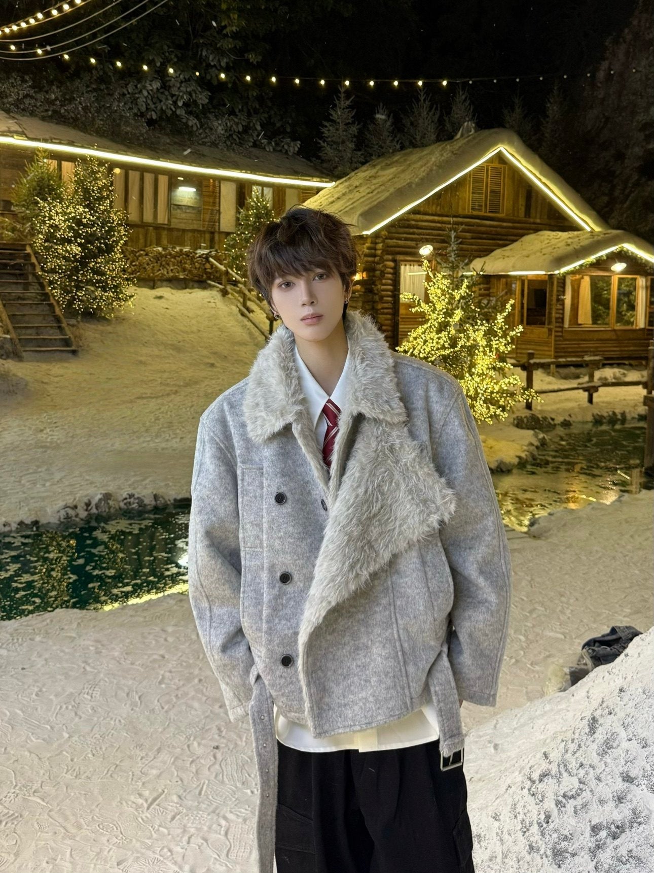 Fake Fur Collar Double Breasted Oversize Jacket WN23156