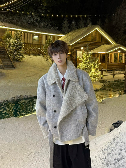 Fake Fur Collar Double Breasted Oversize Jacket WN23156