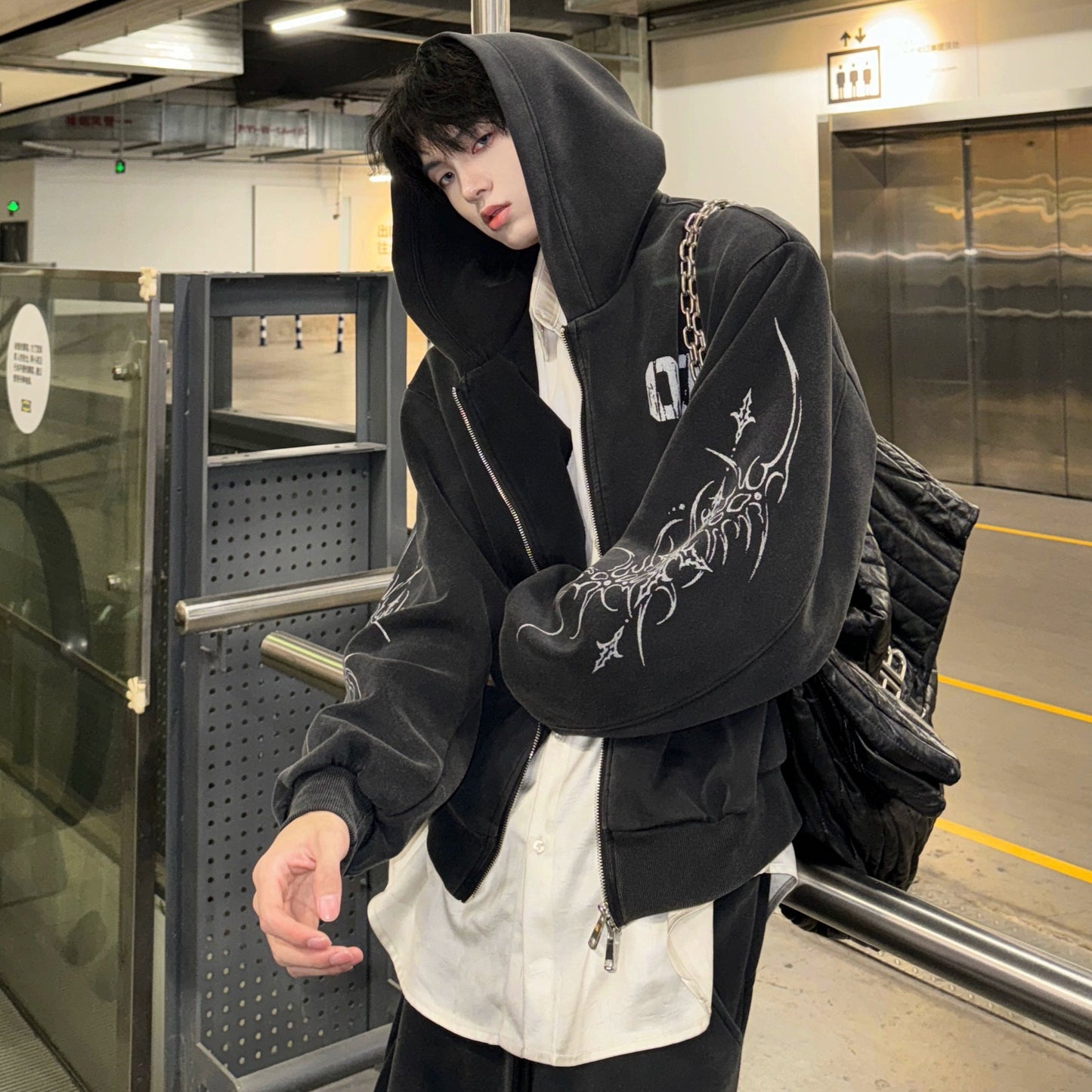 Hand Paint Oversize Zipper Hoodie & Wide-leg Sweatpants Setup WN20729