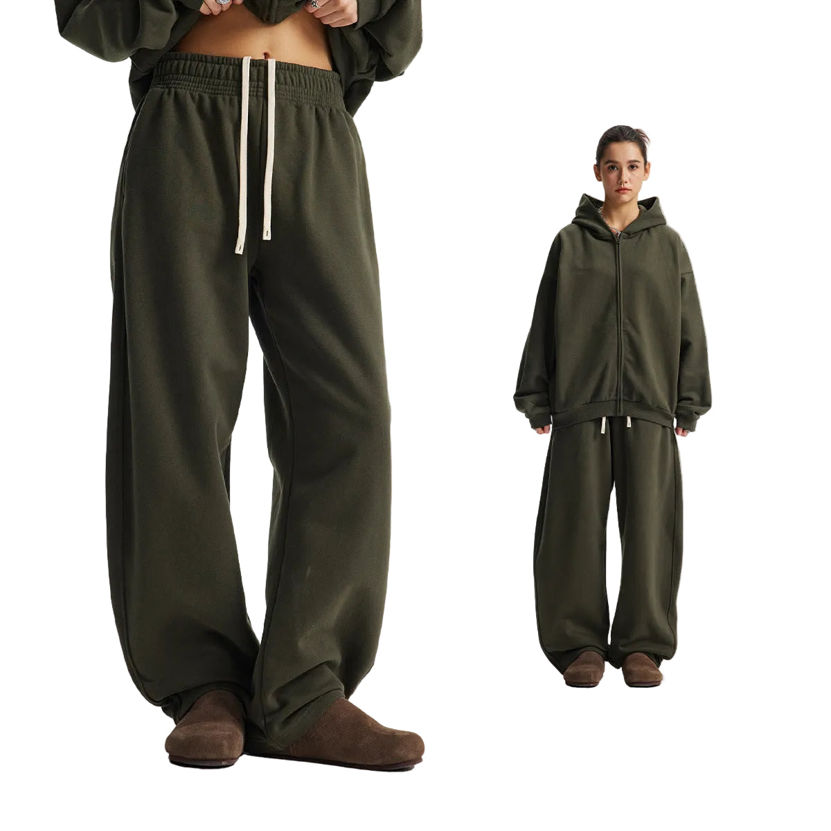 Fleece Lining Side Pocket Zipper Hoodie & Fleece Lining Wide Leg Sweatpants Setup WN23114