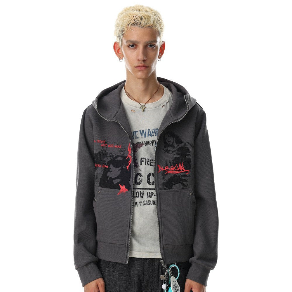Graphic Print Studs Detail Cropped Zipper Hoodie WN28057