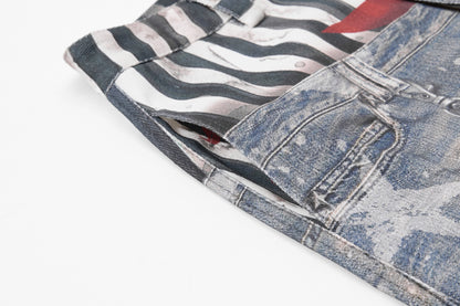 Star Print Fake Layered Curved Wide Leg Denim Jeans WN25728