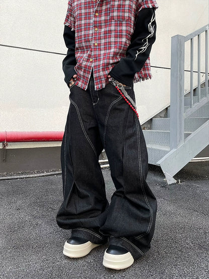 Curved Silhouette Pleats Contrast Stitch Flare Denim Jeans WN16290