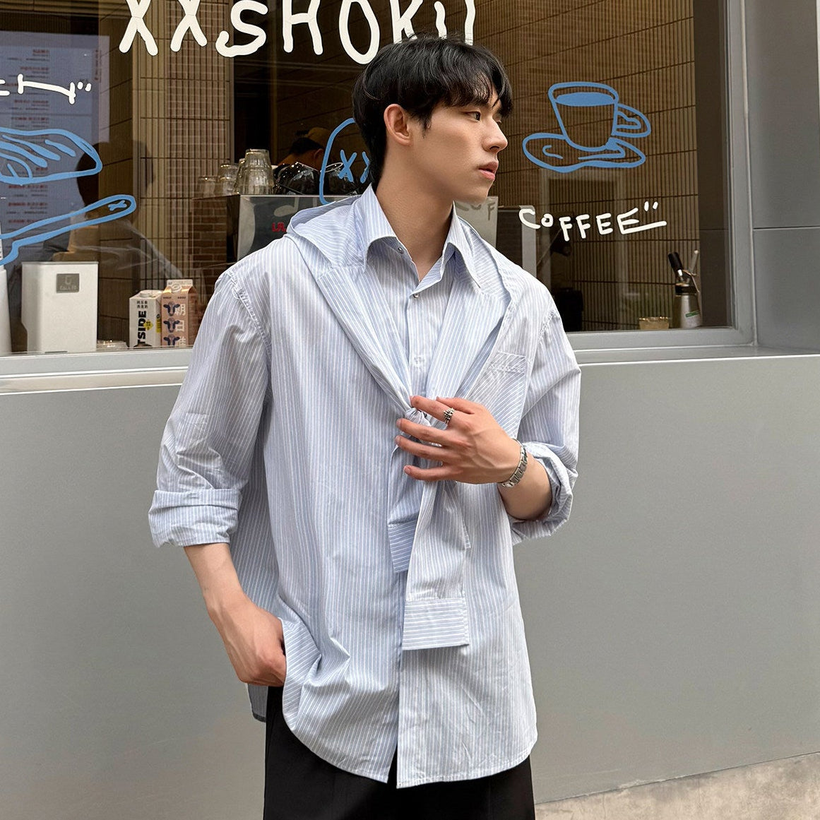 Stripe Detachable Tie Design Long Sleeve Shirt WN24902