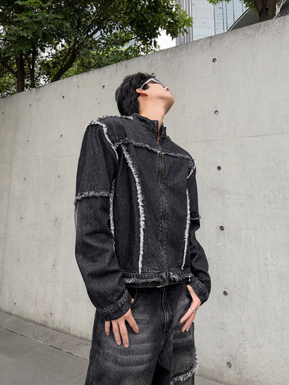 Patchwork Raw Edge Shoulder-Pad Short Jacket & Patchwork Straight Denim Jeans Setup WN15364