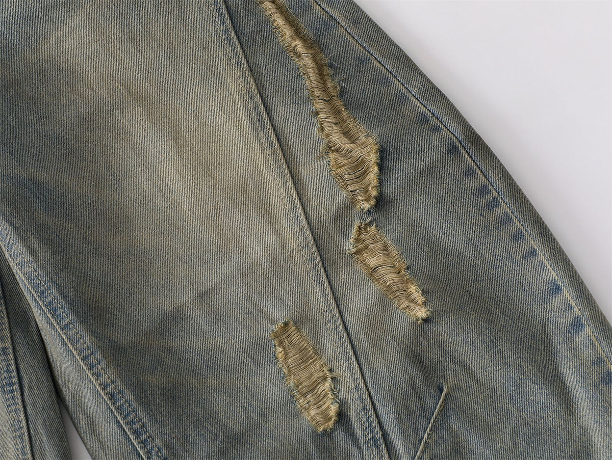 Washed Paint Splatter Ripped Curved Leg Denim Jeans WN26825