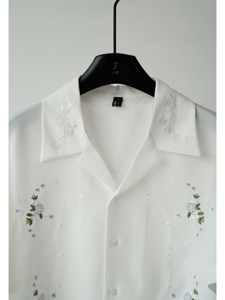 Floral Embroidery Open Collar Short Sleeve Shirt WN23614
