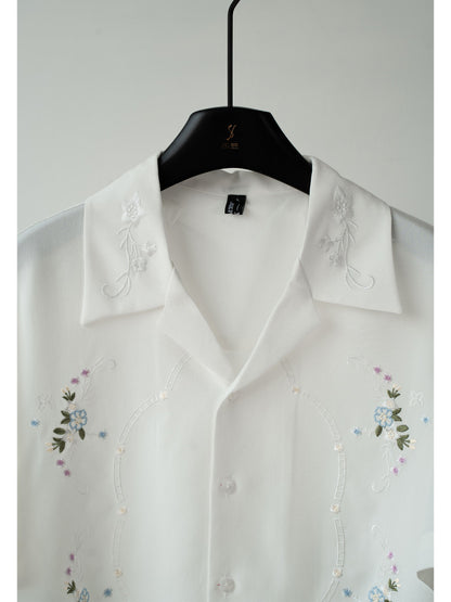 Floral Embroidery Open Collar Short Sleeve Shirt WN23614