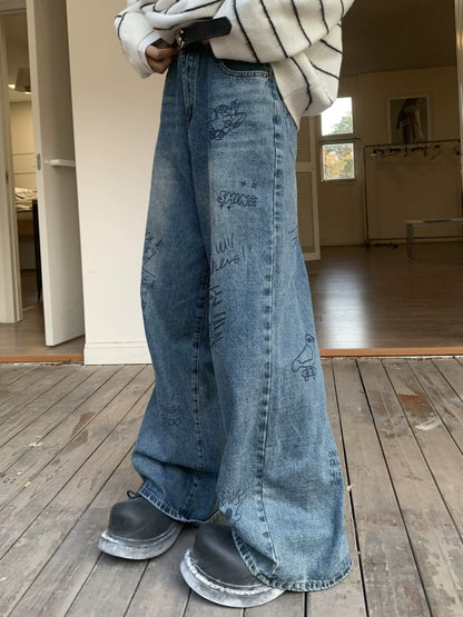Graffiti Design Washed Wide Leg Denim Jeans WN19851