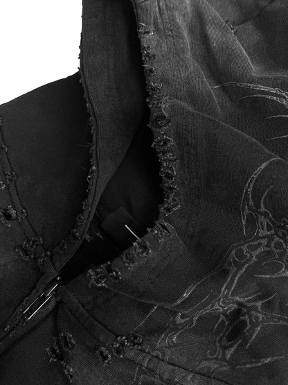 Rune Print Damage Zipper Hoodie WN27061